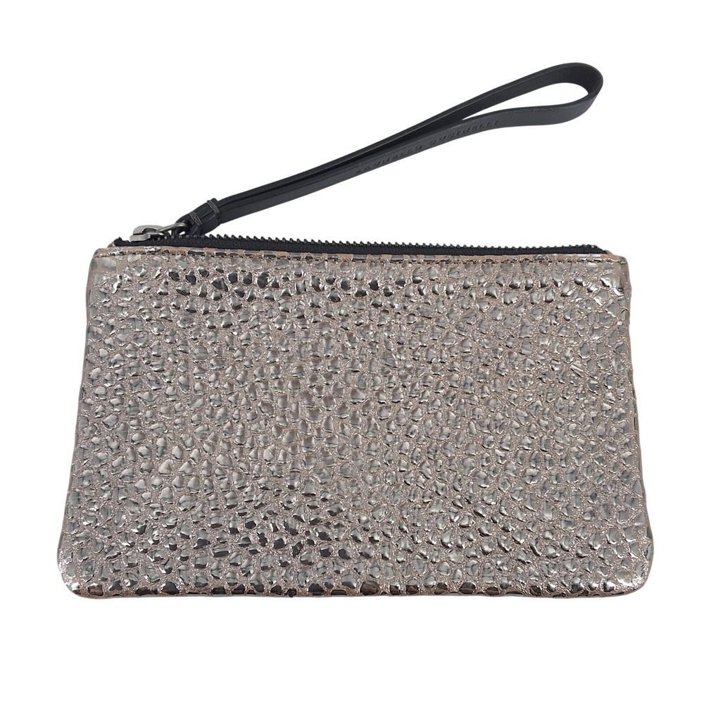Brunello Cucinelli Metallic Silver Pebble Leather Wristlet Pouch Zip Clutch